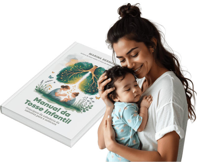 Manual da Tosse Infantil — mãe acolhendo bebê ao lado do livro